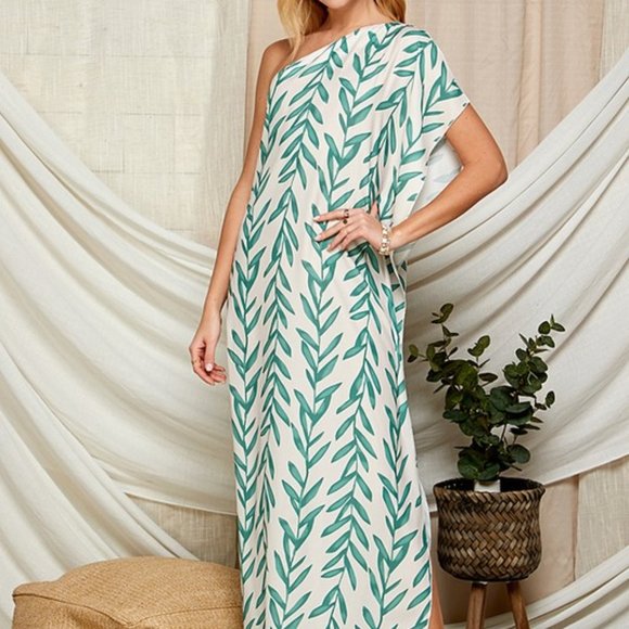 LEAF PRINT ONE SHOULDER SATIN MAXI DRESS - Picture 4 of 7